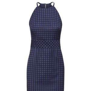 Gingham Bi-Stretch Racer-Neck Sheath Dress
